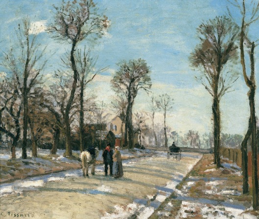 Camino de Versalles, Louveciennes, sol de invierno y nieve. C. Pissarro, c.1870. Museo Thyssen-Bornemisza